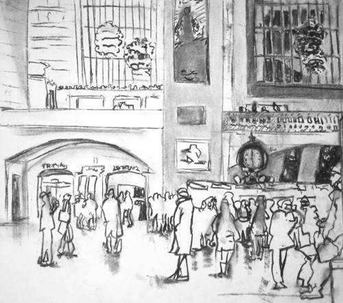 Grand Central Terminal Evening Commute (sold); 
Willow Charcoal/Paper, 2014; 
18 x 21 in.